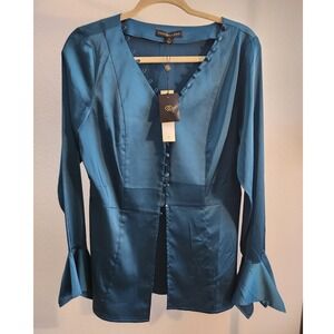 Dora Landa Teal Satin Button Front Bell Sleeve Blouse Top Medium